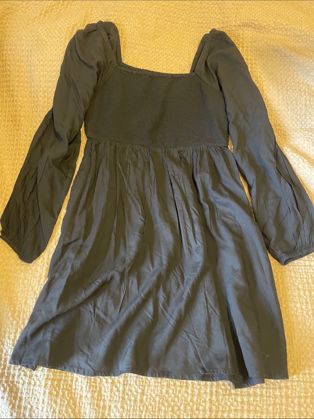 Black Smocked Square Neck Long Sleeve Mini Dress